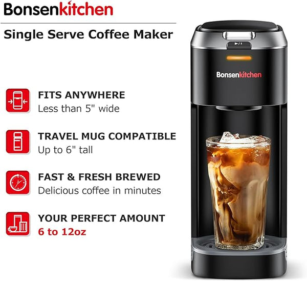 Bonsenkitchen Single Serve Coffee Maker, Coffee Brewer for K Cup Capsule, Fast Brewing Coffee Machine, 6 to 12oz Brew Sizes, Space Saving Design