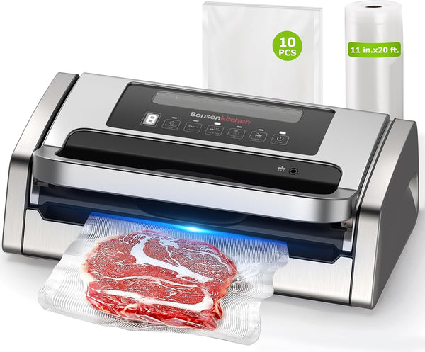 Bonsenkitchen Vacuum Sealer Machine, Powerful Low-Noise Food Vacuum Sealer, Globefish Technology for High-Speed Continuous Working (Full Silver)