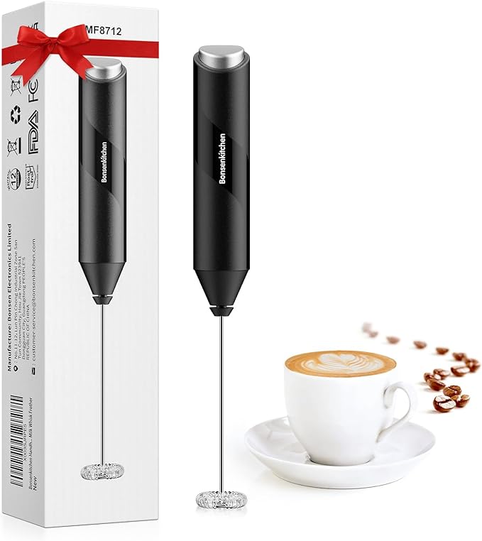 Bonsenkitchen Milk Frother Handheld, Electric Foam Maker with Stainless Steel Whisk, Hand Drink Mixer for Coffee, Lattes, Cappuccino, Matcha, Battery Operated, Stirrer Coffee Wand