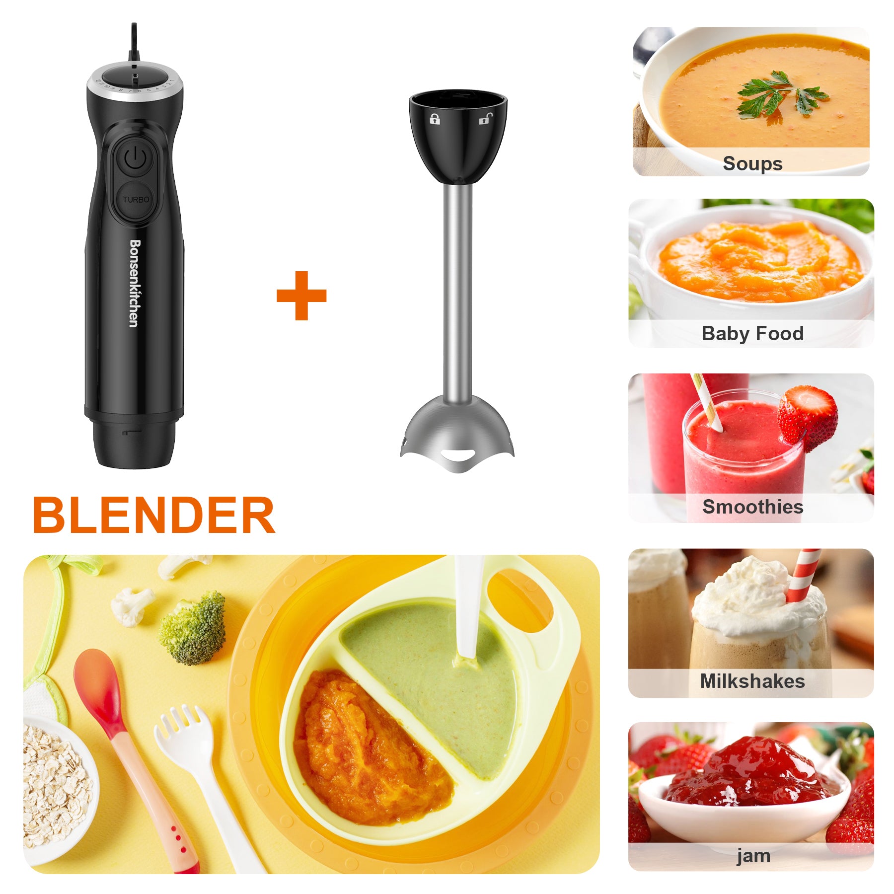 Bonsenkitchen Turbo 12 Speed Immersion Hand Blender