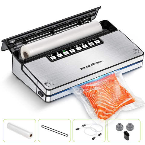 Bonsenkitchen Vacuum Sealer, Stainless Steel 8-in-1 Food Sealer with Built-in Cutter and Bag Storage