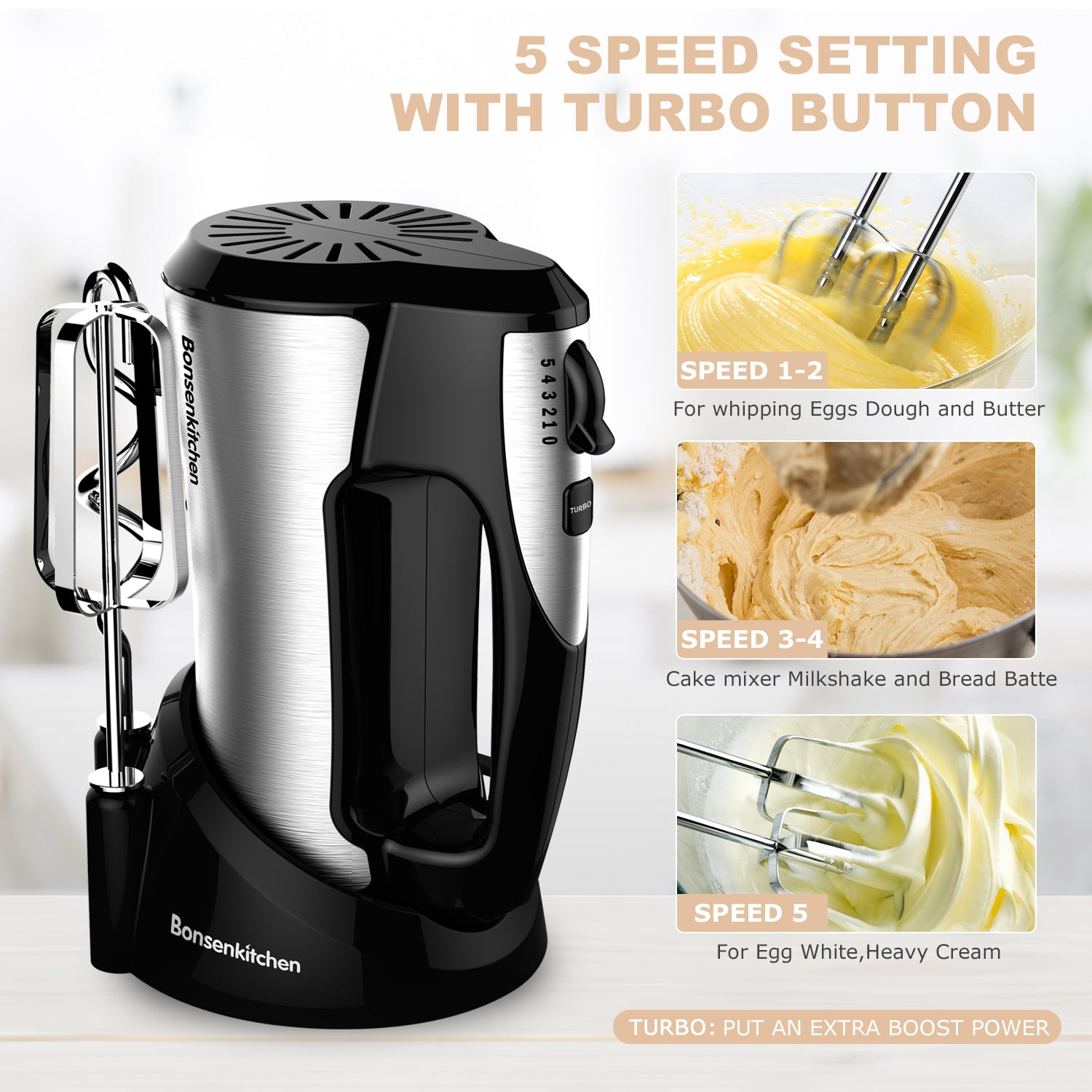 Kitchen 5-Speed Hand Mixer Electric 300W Power Mixer Electric Handheld,  Hand Blender Electric With Beaters Dough Hooks, One Button Eject Design