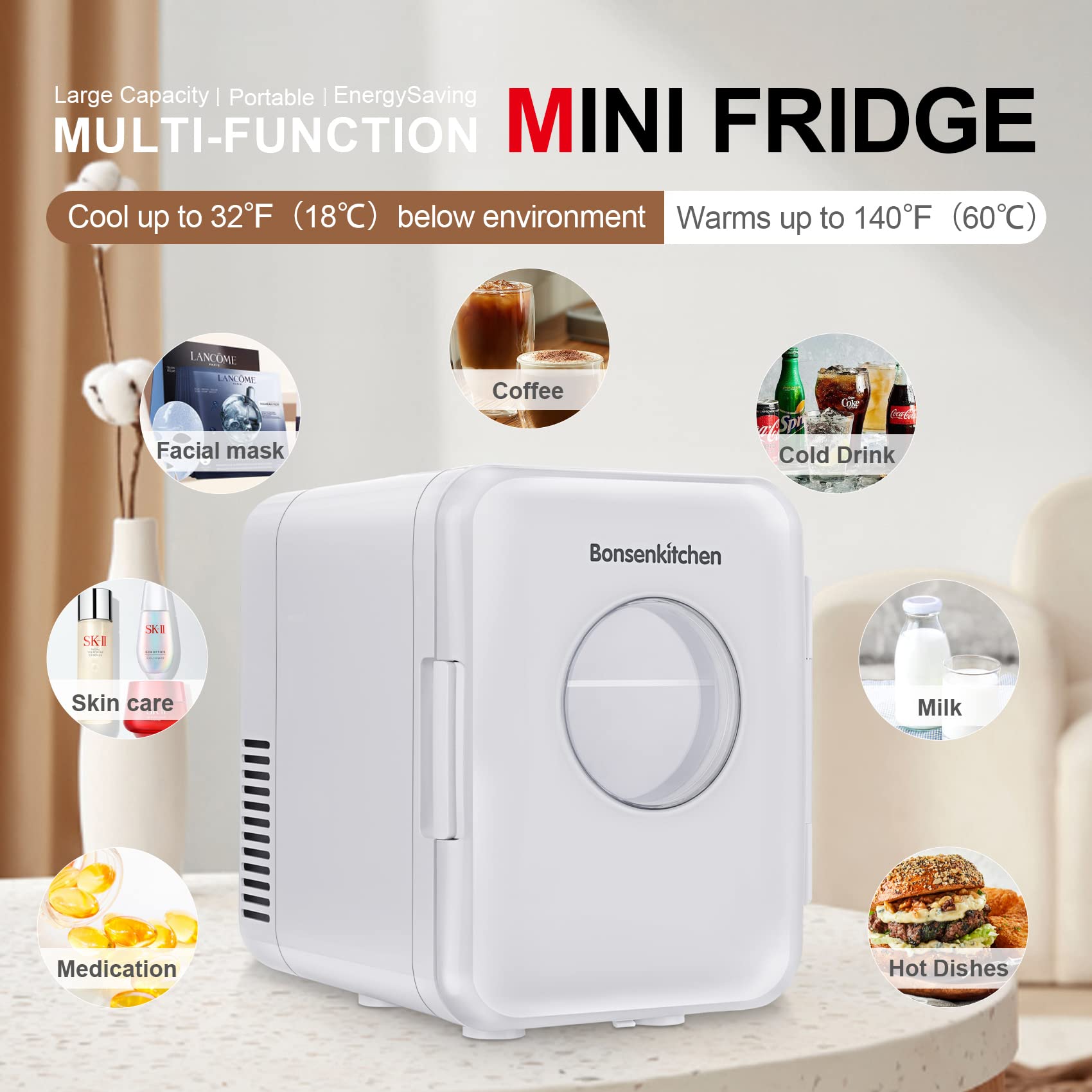 Bonsenkitchen Mini Fridge, 4 Liter/6 Can AC/DC Portable Thermoelectric  Cooler and Warmer Refrigerators for Skincare, Beverage
