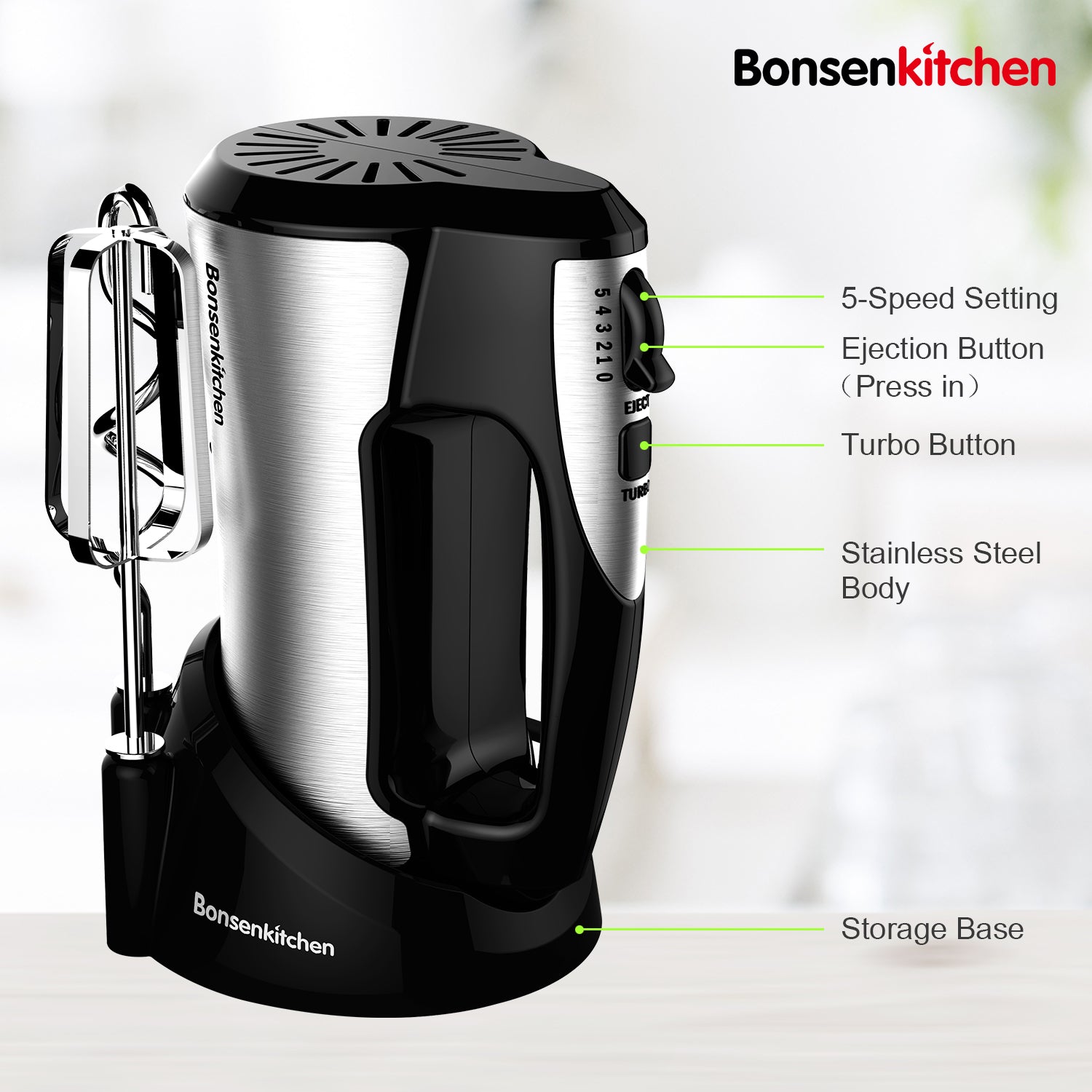 Bonsenkitchen HB8002 5-Speed 4 in 1 Hand Mixer