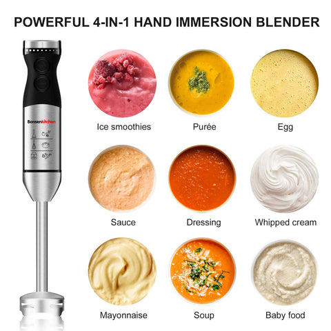 Bonsenkitchen Immersion Handheld Blender, Stainless Steel Hand Stick Blender, 20-speed 4-in-1 Hand Blender Hb3203, White