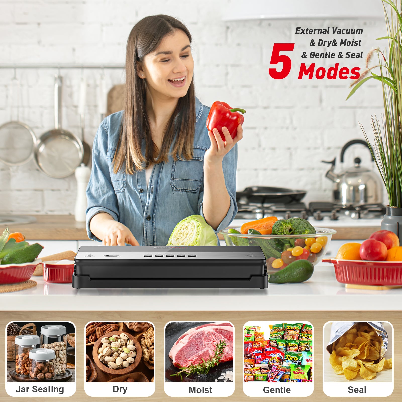 Bonsenkitchen Compact Automatic 5-in-1 Vacuum Sealer Machine for Food