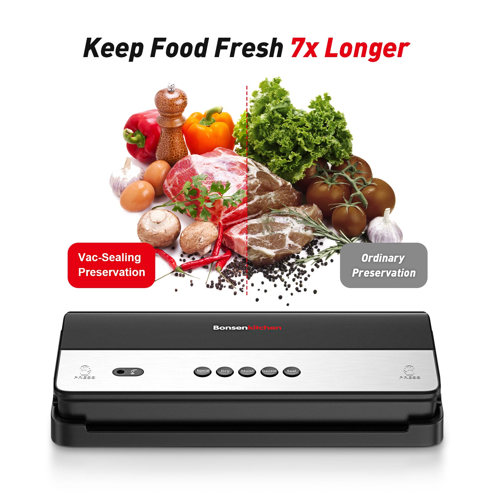 Bonsenkitchen Dry/Moist Vacuum Sealer Machine with 5-in-1 Easy Options for  Sous Vide and Food Storage, Air Sealer Machine with 5 Vacuum Seal Bags & 1