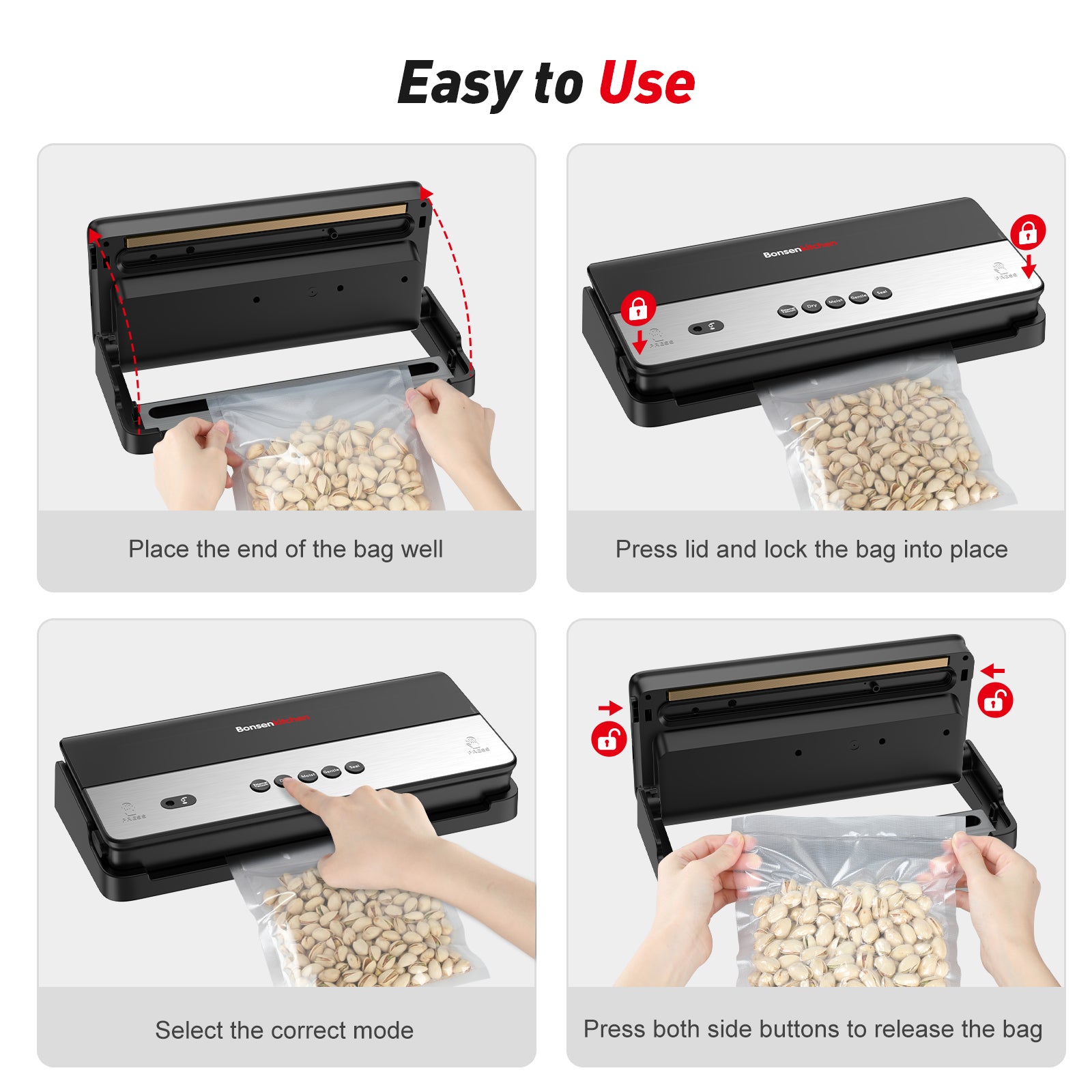 Bonsenkitchen Vacuum Sealer Machine, Stainless Steel Vacuum Food Sealer  with 8-in-1 Vacuum Sealing System, 6 Food Vacuum Modes, Built-in Cutter and